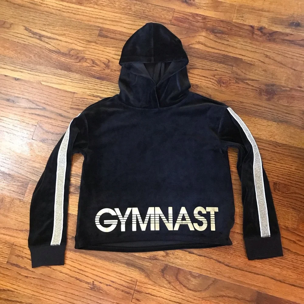 Girls Justice Active Gymnast Hooded Hoodie Blouse Top Black w/ Gold Graphics 10